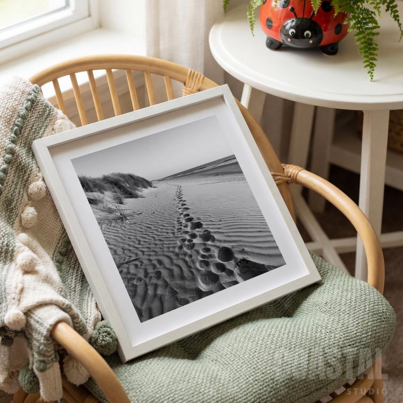 Black and White Beach Footprints Print | Textured Sand Seaside Wall Art
