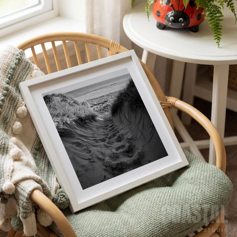 Black and White Coastal Dune Path Photography Print – Calm Seaside Wall Art