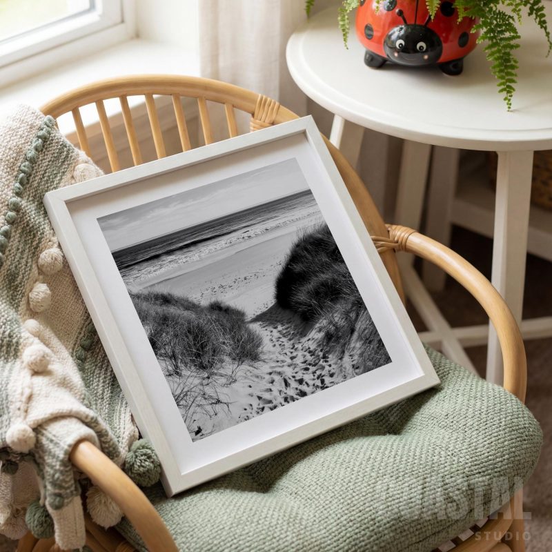 Black and White Beach Dunes Print | Coastal Path Seascape Wall Art