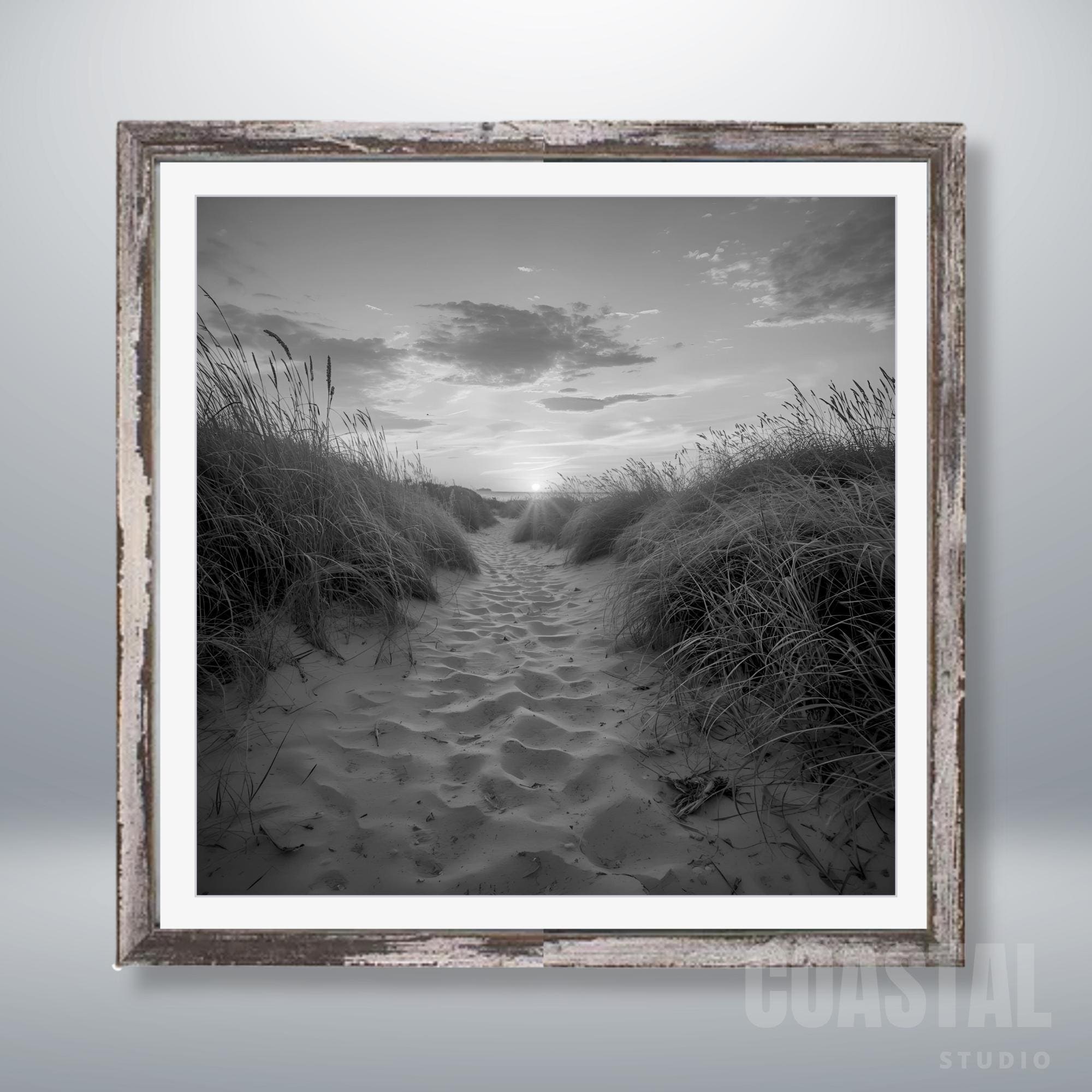 Black and White Beach Path Print | Coastal Dune Sunset Photography | Minimalist Seascape Wall Art - Image 3