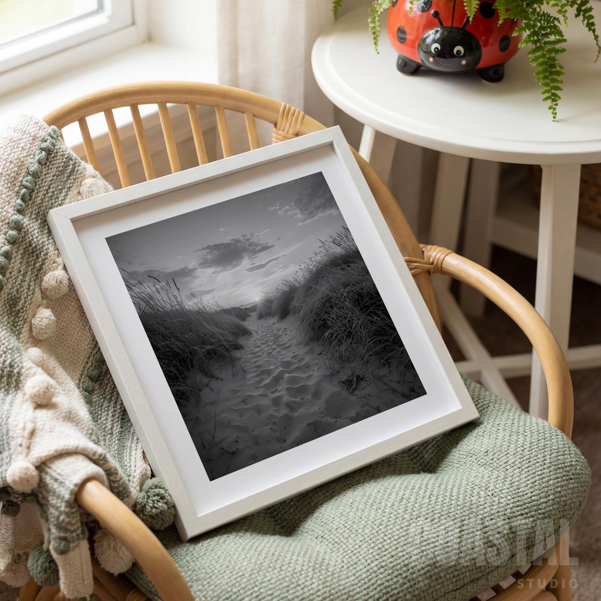 Black and White Beach Path Print | Coastal Dune Sunset Photography | Minimalist Seascape Wall Art