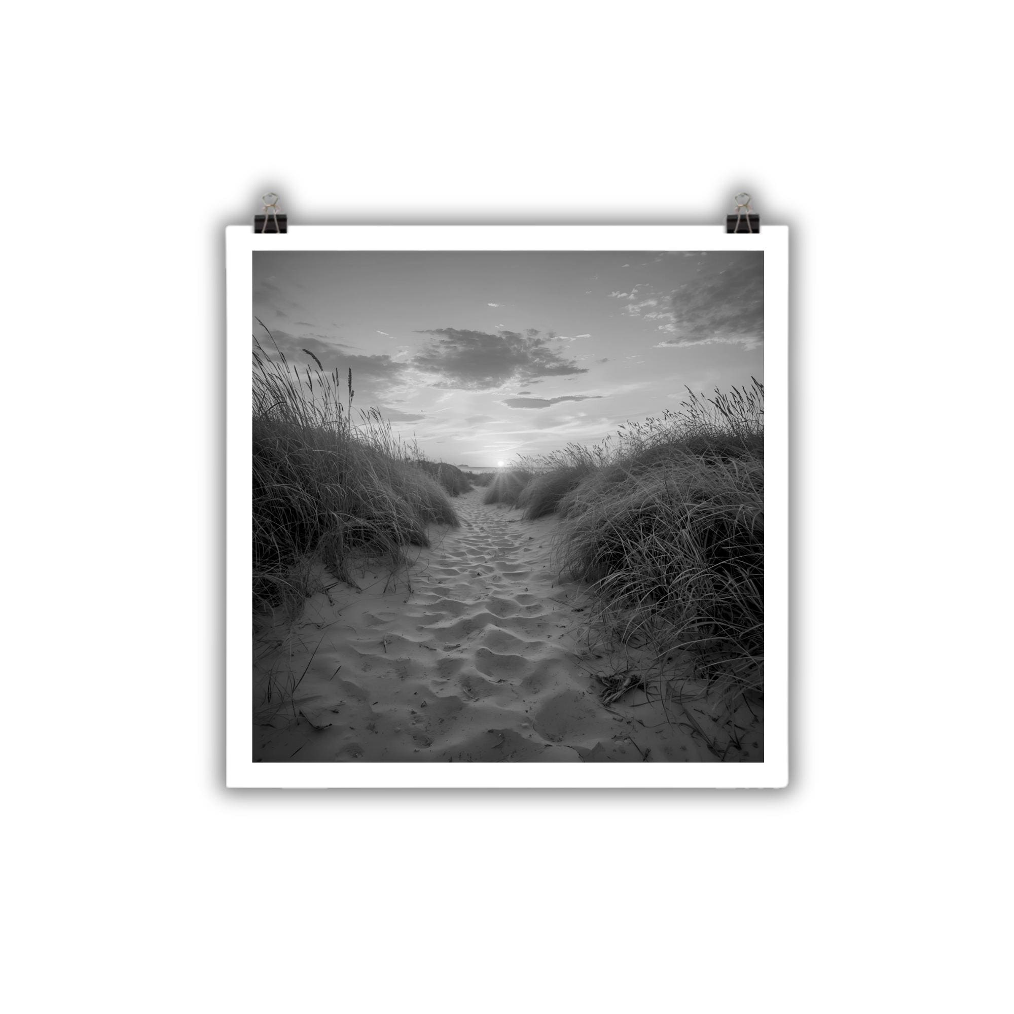 Black and White Beach Path Print | Coastal Dune Sunset Photography | Minimalist Seascape Wall Art - Image 4