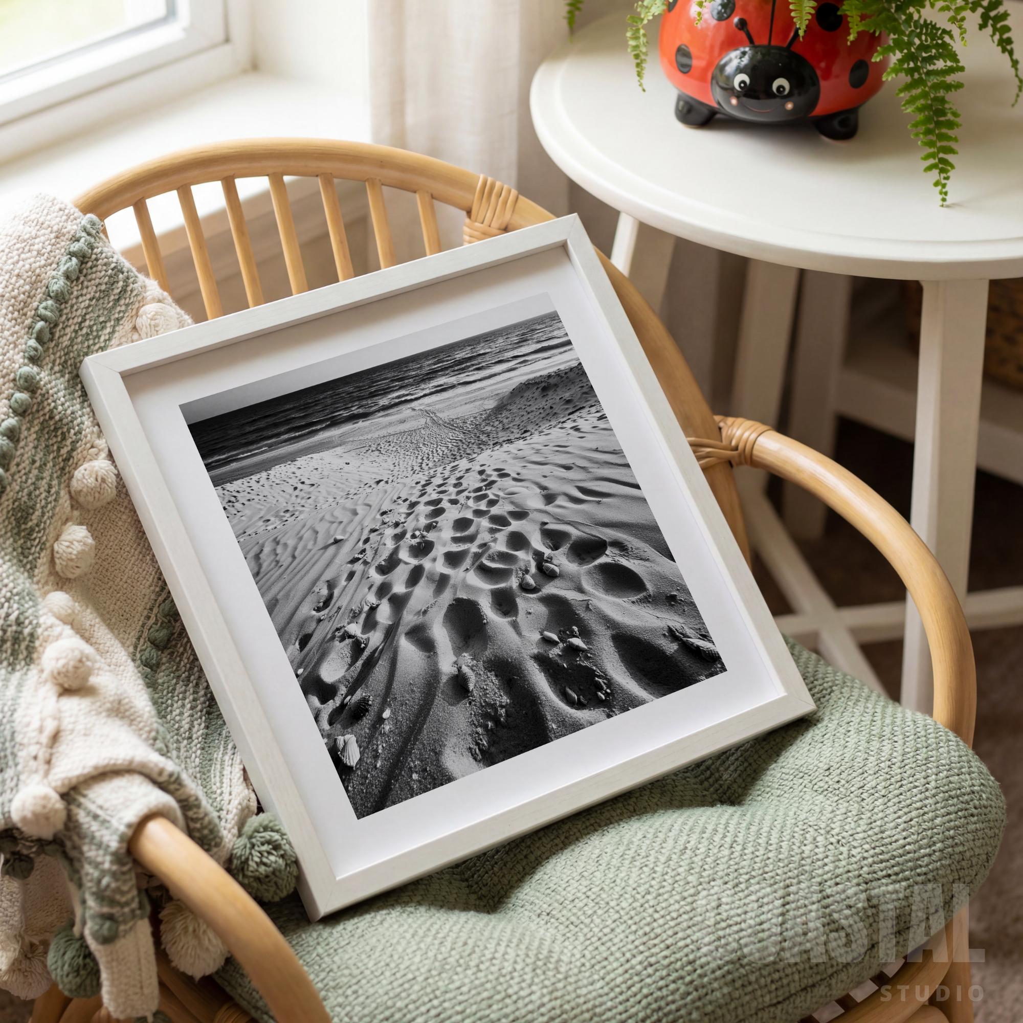 Black and White Beach Sand Print | Textured Shoreline Photography, Minimalist Seaside Decor